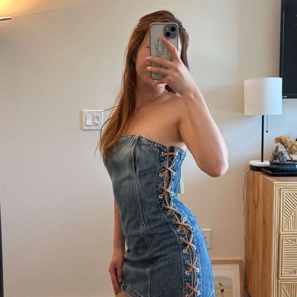 GRLFRND Blue Strapless Denim Dress with Side Lace-Up